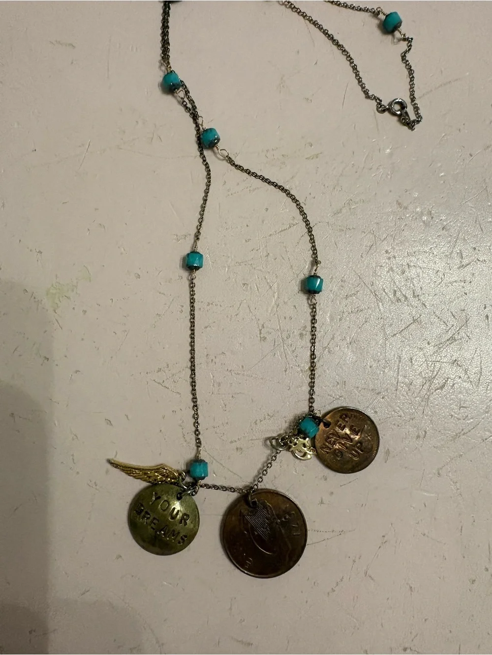 Women’s Turquoise Bead Coin Charm Necklace - Inspirational Pendant